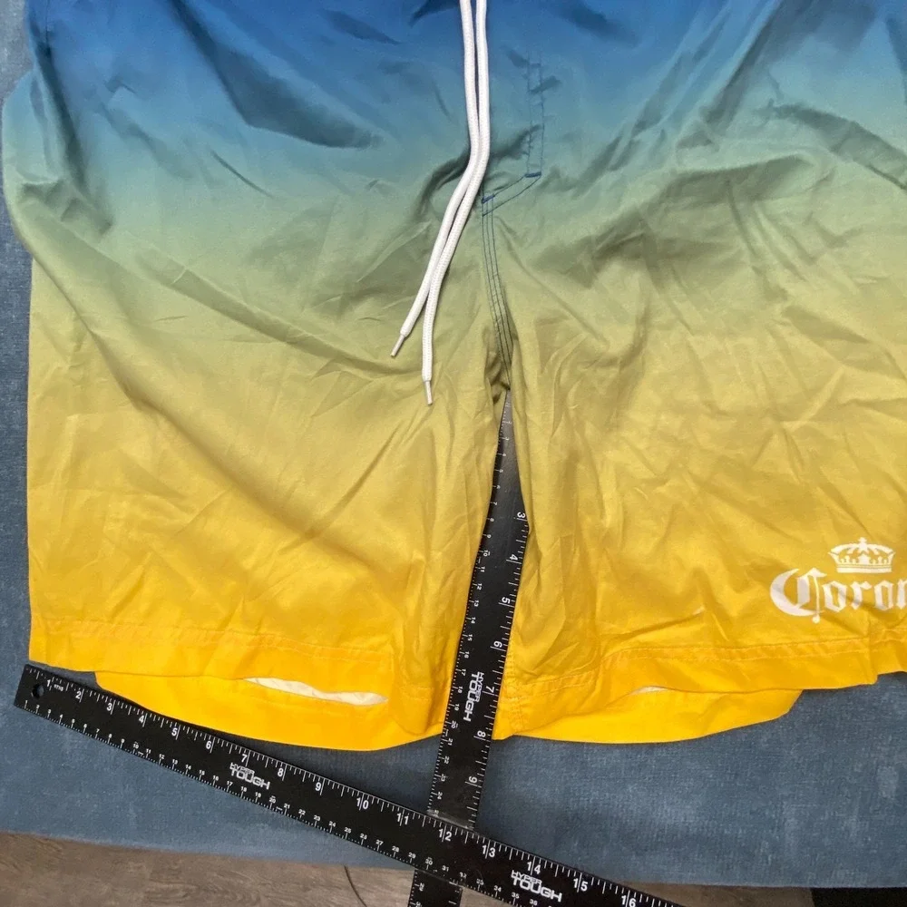Corona Board Shorts Mens Large Blue Yellow Ombre Fade Mesh Lined Mid Rise Beach